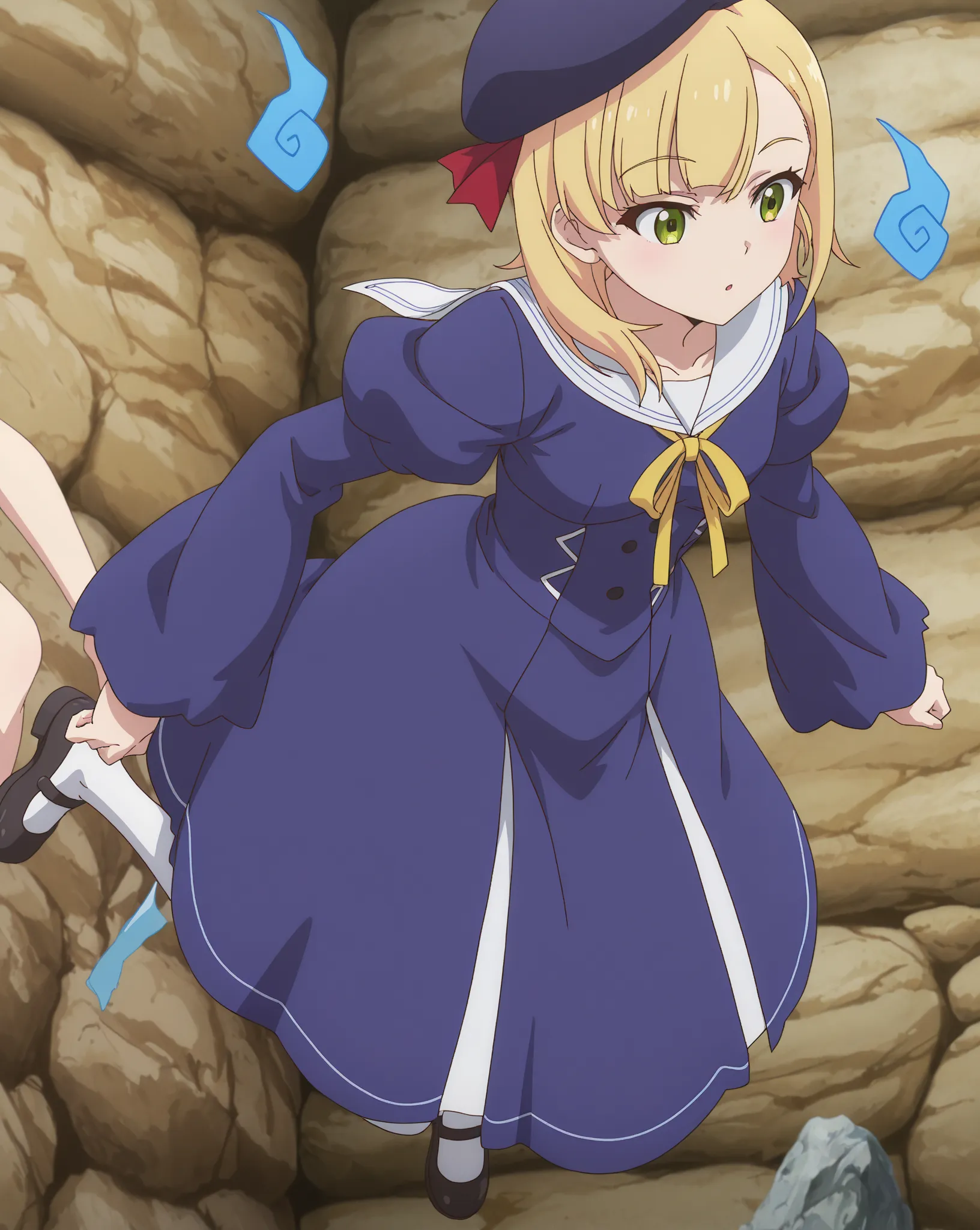 masterpiece, best quality, newest, anime coloring, anime screencap, small breasts, rosalie-default, ghost girl,green eyes,blonde hair,medium hair,beret,blue dress, puffy long sleeves,white sailor collar, yellow neck ribbon,white pantyhose,mary janes, float...