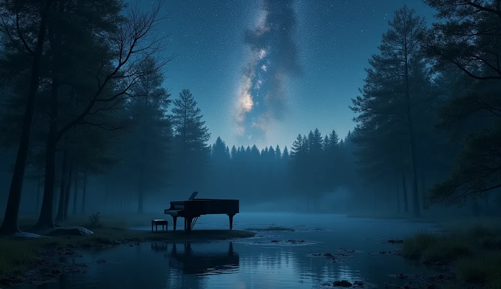 A black piano dimly illuminated by moonlight in a forest clearing. about him, a clear sky full of stars shines brightly, while the reflection of the Milky Way creates a dreamy scene.
