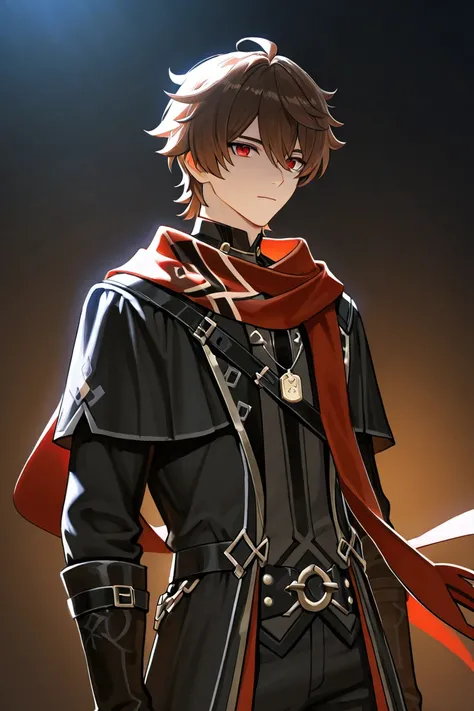 Male version of Chiori Genshin Impact style,  with short brown hair , And with modern gothic clothing in black with straps,  RED EYES, scarf,  male character ,  masculine features 