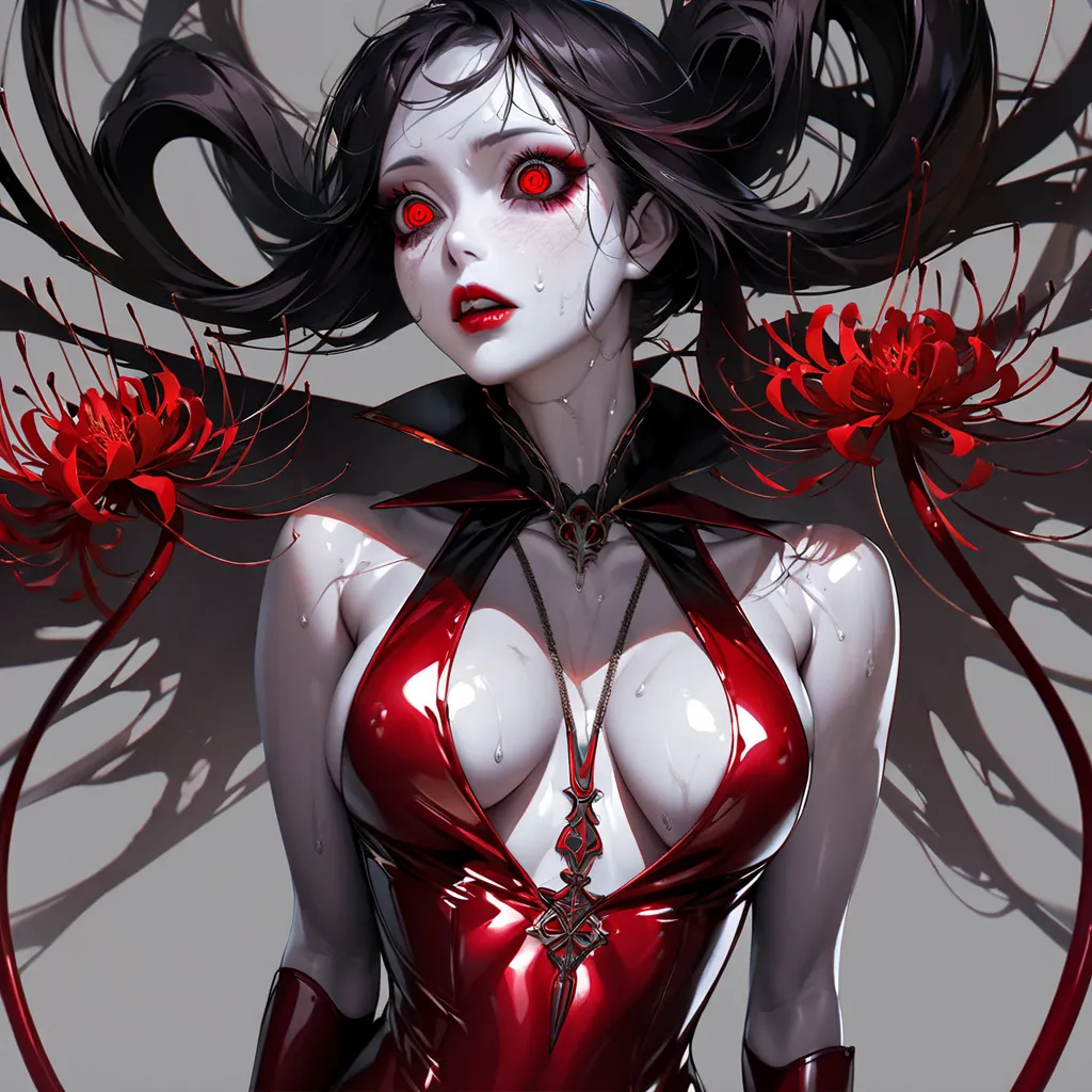 A young and beautiful woman ,Tokyo Ghoul's Rize(Best Quality,extremely detailed depiction,INCREDIBLY HIGH RESOLUTION,anatomically accurate depiction),( shiny skin that sticks out your butt,Porcelain Skin),(Female Vampire,  shiny latex ,4 Red Black Tails), ...