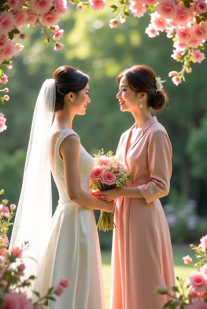 The Bride Dressed in White , He hands his mother a bouquet of flowers