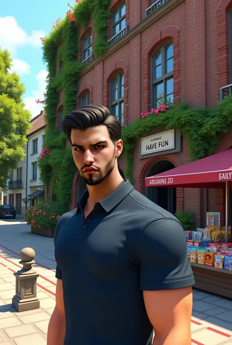 Transformed into a realistic photo, the image features a A highly detailed  image of a male character with a chiseled jawline, short dark hair, and a serious expression, standing outdoors in an urban environment. He wears a navy blue polo shirt with a fold...