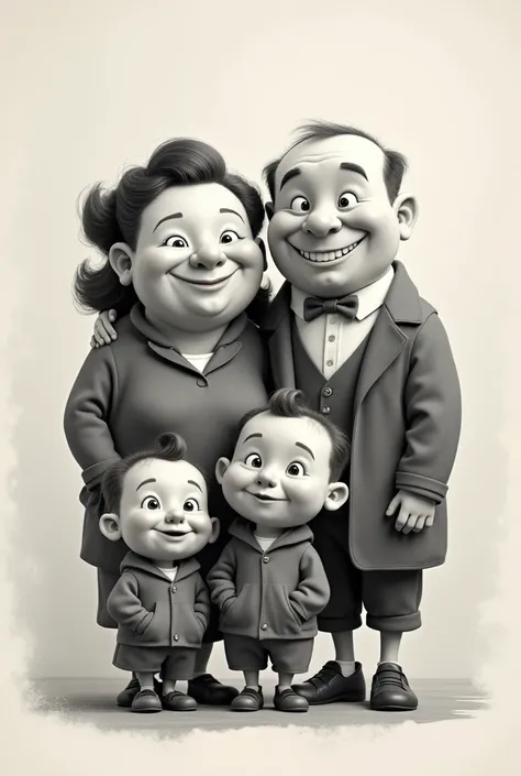 Create a picture of a family of chubby cartoon style, but with the quality very very very old. When it was still black and white