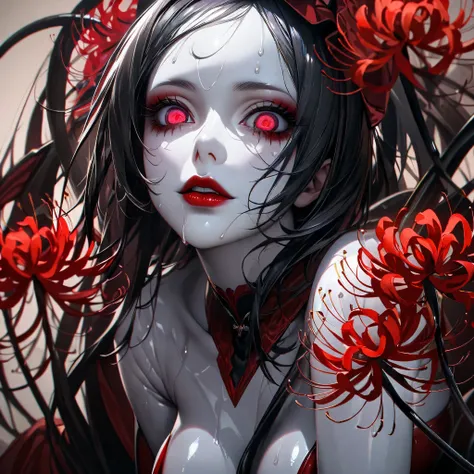 A young and beautiful woman ,Tokyo Ghoul's Rize(Best Quality,extremely detailed depiction,INCREDIBLY HIGH RESOLUTION,anatomically accurate depiction),( shiny skin that sticks out your butt,Porcelain Skin),(Female Vampire,  shiny latex ,4 Red Black Tails), ...