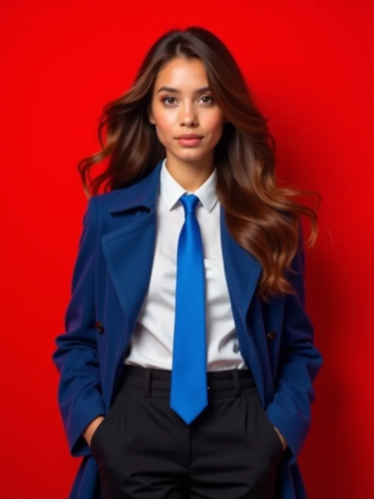 Beautiful young American woman with brown hair, with school uniform white shirt black pants wearing a blue trench coat and blue tie,   red background  
 