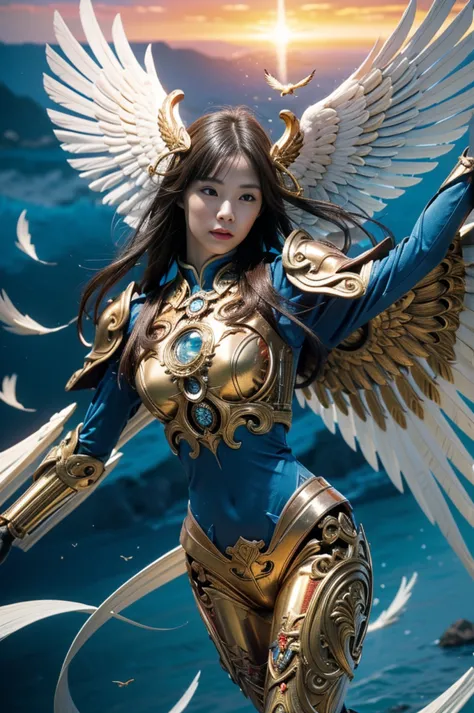 (masterpiece, highest quality, Realistic photos), ((Angel floating in the air;1.4)), A very cute Japanese woman, A complex copper and brass mechanical armor with a Hawk and eagle motif., Beautiful big angel wings, (The wings are symmetrically paired;1.5), ...