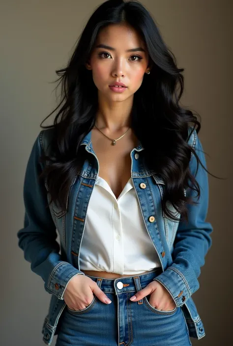 French woman with long black hair, thin but defined body and extremely white skin, With brown eyes dressed in jeans white dress shirt and denim jacket 