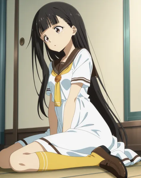 masterpiece, best quality, newest, anime coloring, anime screencap, small breasts, kaju-default,nukumizu kaju, brown eyes,black hair, long hair, blunt bangs,white dress,dress,brown sailor collar,yellow socks,loafers, sitting, wariza,