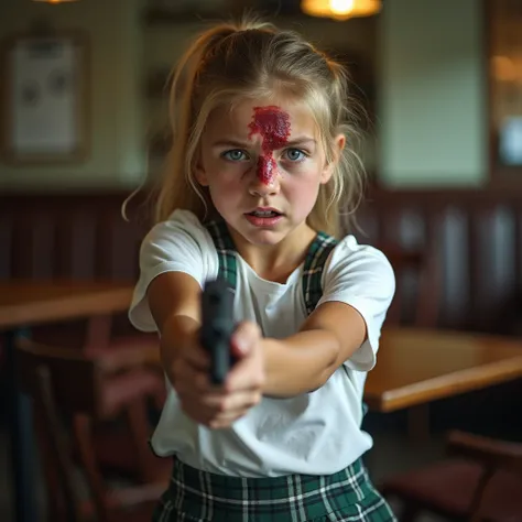 Generate HD image photograph of a girl, long blonde hair and ponytail, vista de frente, foreground, Russian, Shoot forward with a 9 mm gun, In front of a coffee shop table, school uniform, camisa blanca, green and gray plaid skirt . shirt off. gunshot woun...