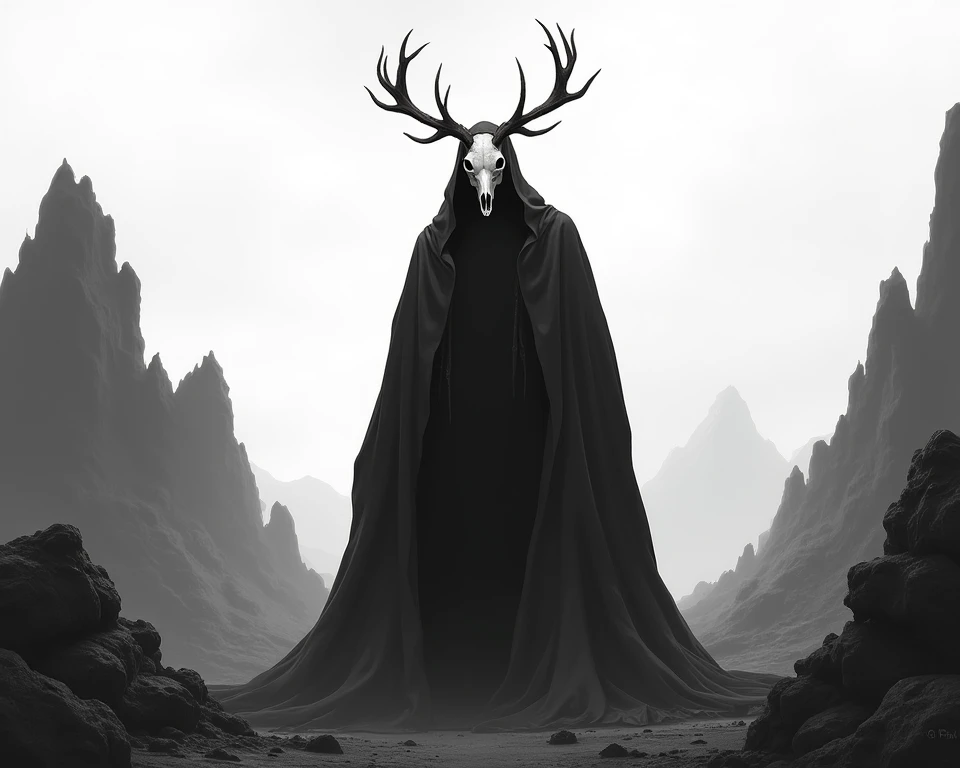 An entity wearing a deer skull mask wearing a large black hooded robe standing in a place of black rocks with a white sky, with a black and white filter  