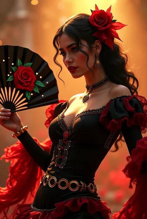 An elegant flamenco dancer holding a black fan decorated with roses and red feathers in her right hand.  she wears a black dress , red and gold, adorned with shiny gold coins. A red rose is stuck in her dark, wavy hair. Her expression is intense and passio...