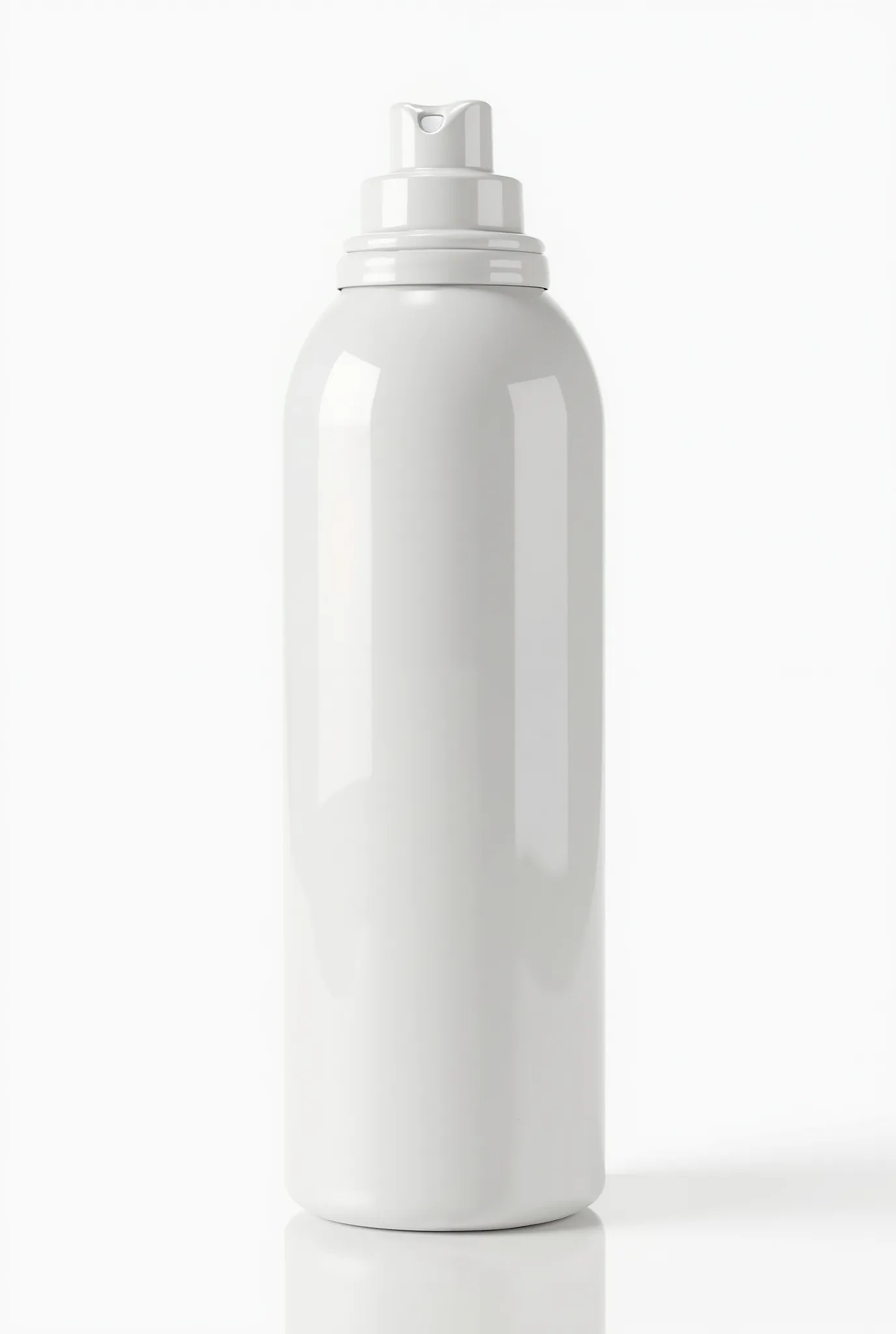 A body spray can, realistically rendered, in a raw and matte white. The can is a cylinder with a slightly rounded top and bottom, The surface of the can has a subtle shading and reflective highlights suggesting a metallic surface. The image is sharply focu...