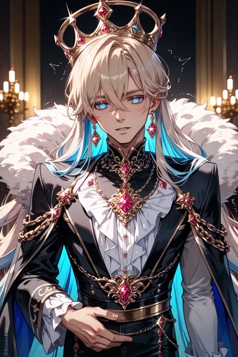 (((man)))/human/looking at viewer/hair between eyes/Jewel Eye/empty eyes/very long hair/colored inner hair/Jewel hair/Demon Altar /trembling with sexual climax/(((luxurious white king's clothes/clothed)))