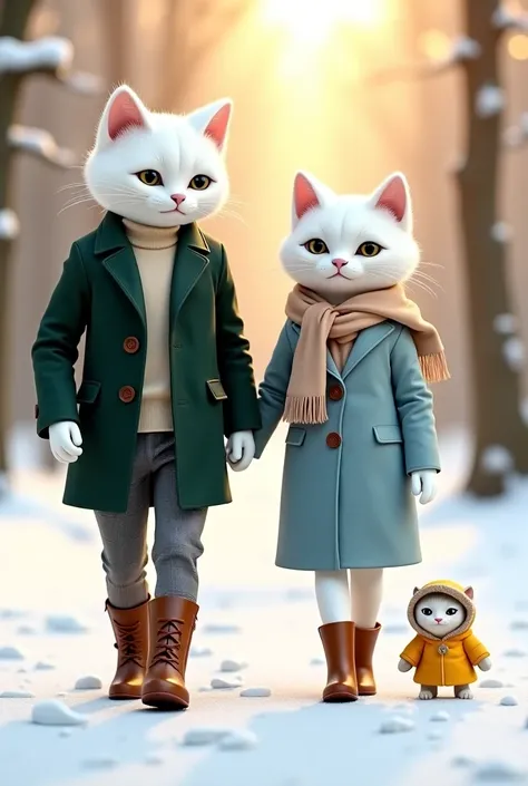 A stylish white cat couple walking hand in hand in a snowy forest, dressed in elegant winter outfits. The male cat wears a dark green wool coat over a cream-colored sweater, gray plaid pants, and brown leather boots. The female cat wears a light blue trenc...