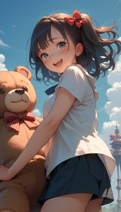  cute anime style , 
, Riding on a e teddy bear , erections ,  woman stands on top , 
, orgasm  , [Insert