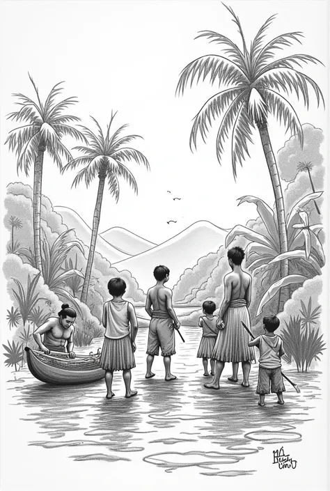 Pre colonial era life of filipino people sketch Black and white color