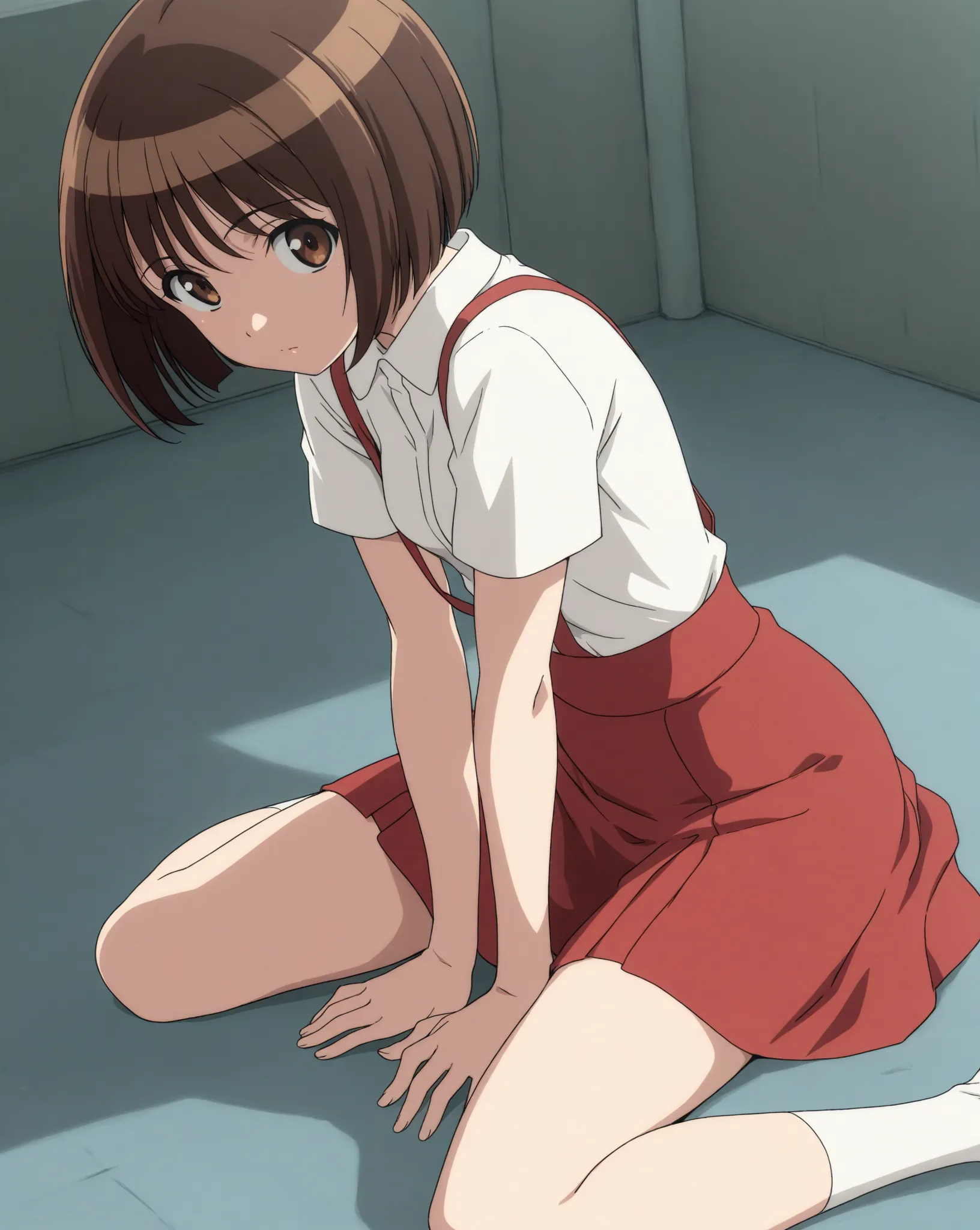 masterpiece, best quality, newest, small breasts, brown hair,brown eyes,short hair,bob cut,suspender skirt,red skirt,short sleeves,collared shirt, sitting, wariza, 1girl, solo