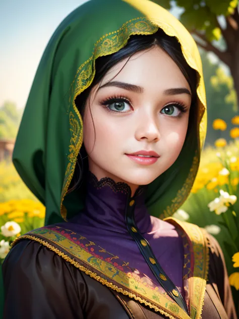 Girl with pretty face,Butterfly purple,green dark eyed, hijab black, close hair 
