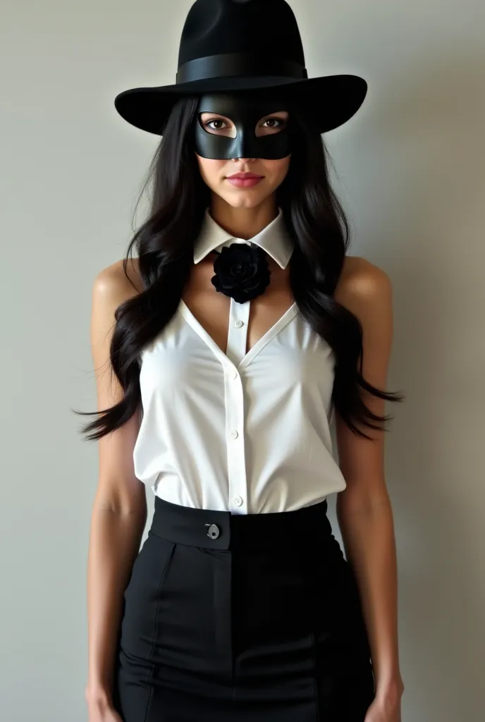 Une femme , peau blache , cheveux longs noire , medium body ,cache son visage avec un mask d'anonymous , porte : ensemble posé:chemise ajuster blanche , mini jupe noire ajusté , papillon noire, chapeau : v vendetta, thème de vêtements : tenue confidentiel ...