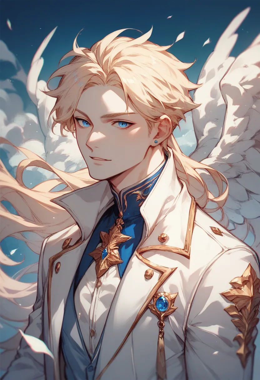 Angel anime boy drawing, blue eyes, white skin long blond hair , with long white coat