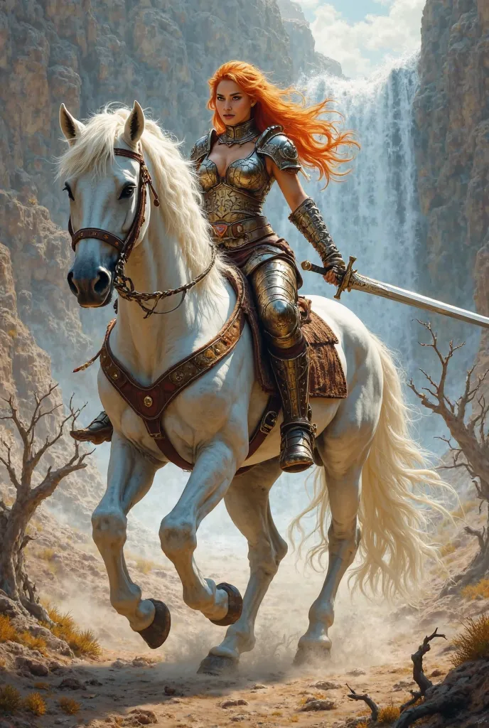 Create a female rider with big breasts, Redhead with a sword in one hand,  Riding on a white horse , In the background, dry trees and a waterfall 