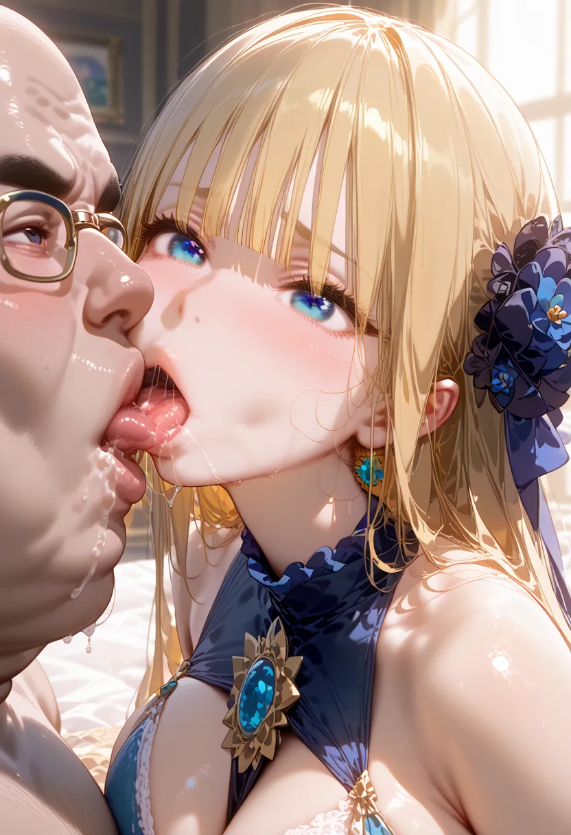 (noble woman kissing ugly man、Deep Kiss、Drink saliva、shirtlift:1.5、 lots of saliva、（１The Noble Beauty of Man、golden hair, long hair、blunt bangs、 straight hair with curled ends、light blue eyes、big breasts、royal blue noble dress in gothic style、 white lace 、...