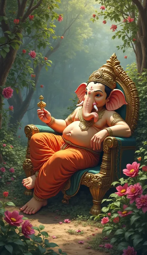 Lord Ganesha lies on his side leaning on a throne in his hand holding a modaka in the background in a flower garden.