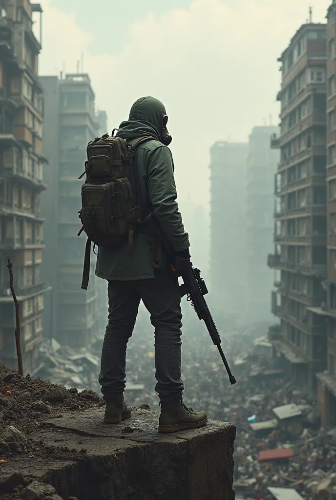 A man stood on him, carrying a sniper rifle, wearing a gas mask, a backpack. The back was full of collapsed buildings and collapsed townhouses with hordes of zombies.