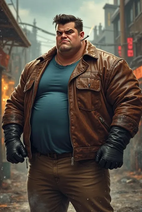 A  bully who is overweight but not too fat , greaser who wear a brown jacket with black gloves and blue shirt under the jacket with brown hair and dark brown pants , he puts a cigarette on his ear 