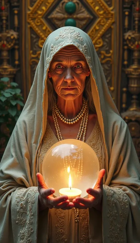 An elderly woman with deep wrinkles and wise, expressive eyes, dressed in an elegant, traditional robe with intricate embroidery. She wears a matching hooded veil and multiple pearl necklaces. She holds a large crystal ball containing a lit candle, illumin...