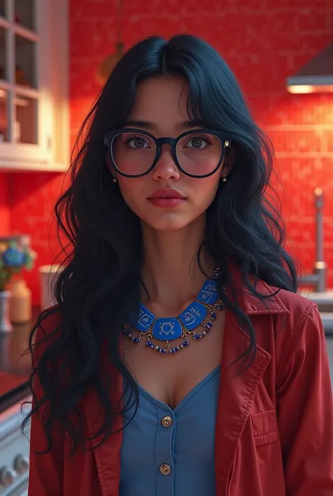 The American girl with long black hair With black glasses is a blue necklace with long dicks red kitchen is called Noemi. Noemi enters school and feels strong and robust, she feels scared..