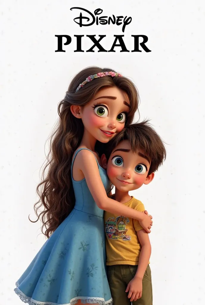 Recreate a photo in Pixar cartoons of a girl with long brown hair and blue and green eyes in a blue dress hugging a brown boy with brown eyes with a white background and above that puts Disney PIXAR in black letters