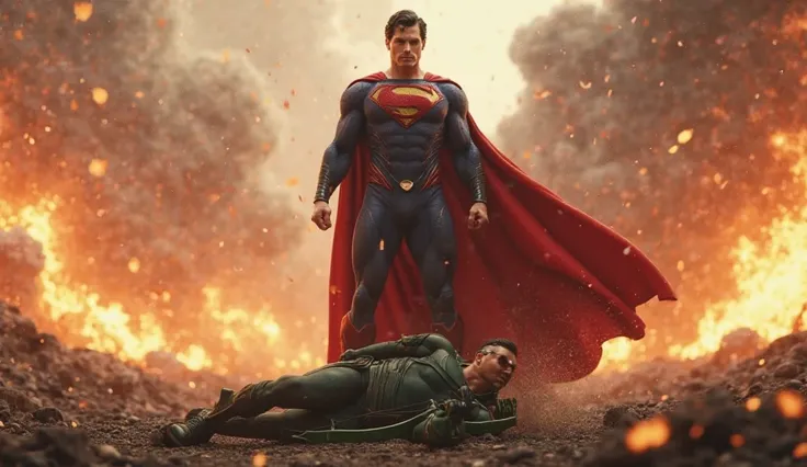 Superman is standing as a victor near green arrow laying defeated on ground in thrilling blasting fire environment 