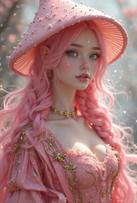 Create a gorgeous woman with pink hair with two braids, a pink mushroom hat with white polka dots with a pink princess dress with a red and gold jacket on top