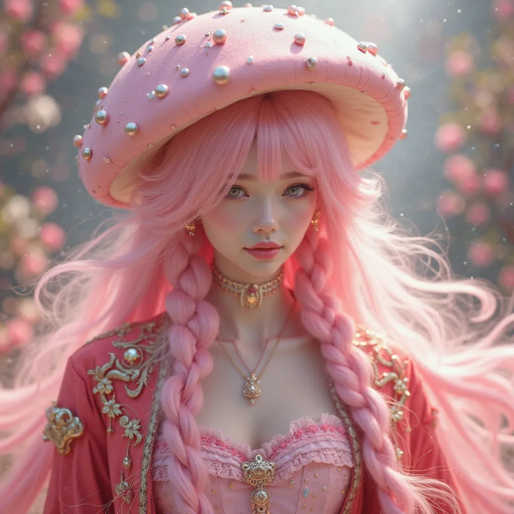 Create a gorgeous woman with pink hair with two braids, a pink mushroom hat with white polka dots with a pink princess dress with a red and gold jacket on top