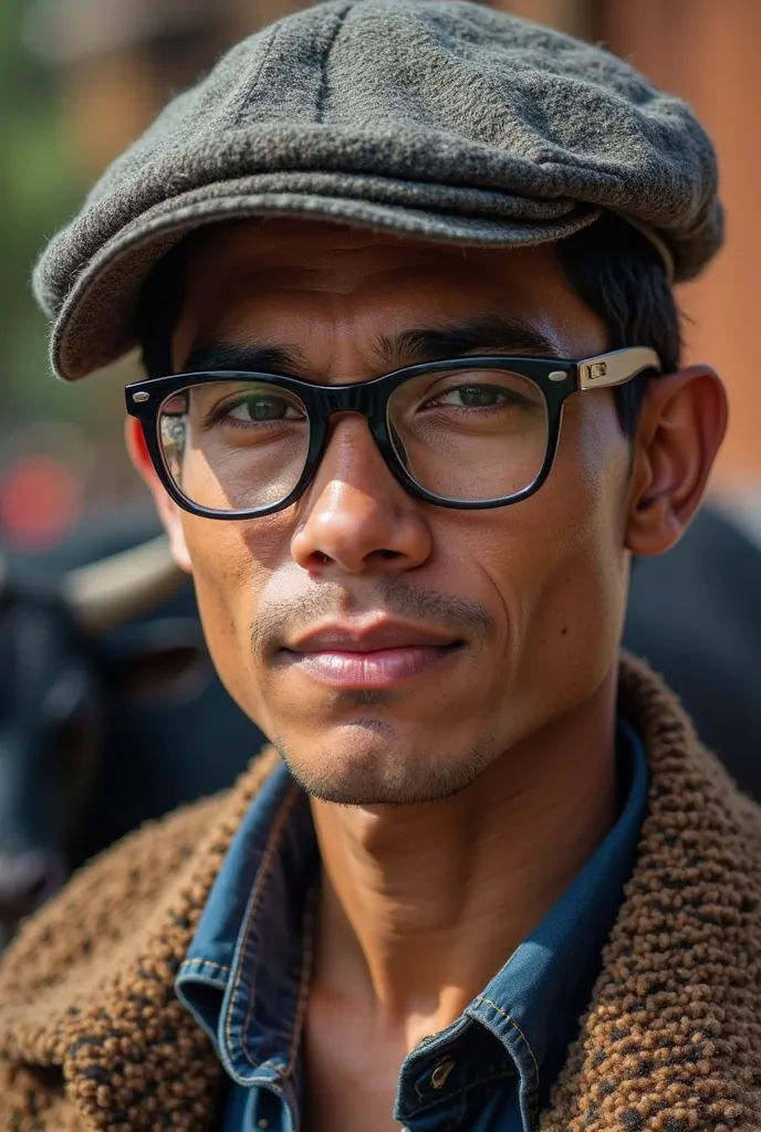 Andean young man from Bolivia with cap and black glasses with black bulls