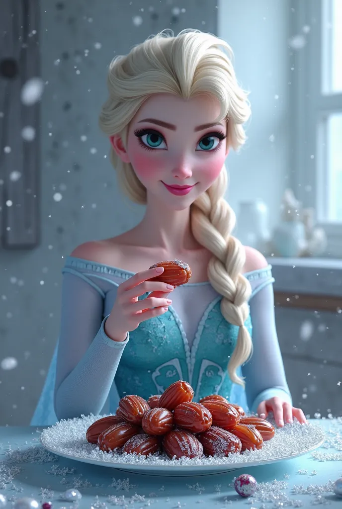 Elsa eating dates on a platter