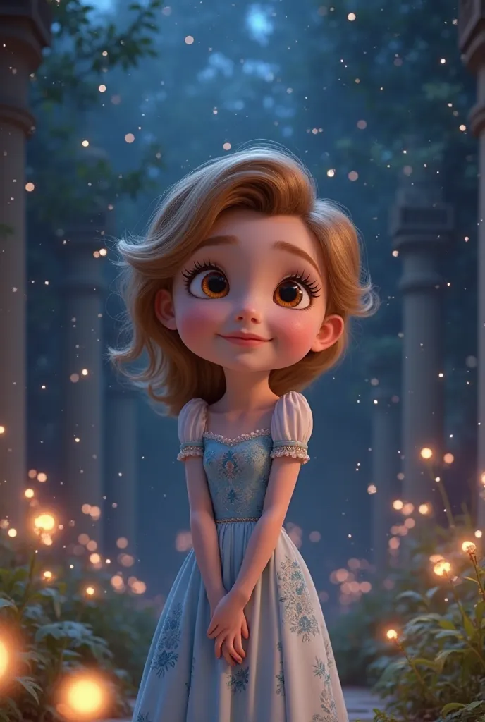 A cute Pixar-style 3D princess with big, bright orange eyes and tousled dark golden hair. She has fair skin and is wearing a light princess dress in soft blue and white colors. She stands in a grand yet mystical palace garden at night, with glowing magical...