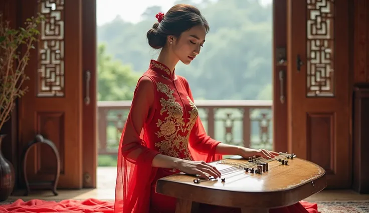 "A beautiful and woman in a sexy traditional Chinese red silk dress with intricate golden embroidery, sitting in a wooden interior with open doors leading to a scenic view. She is playing the Guzheng, a classical Chinese musical instrument, with a graceful...