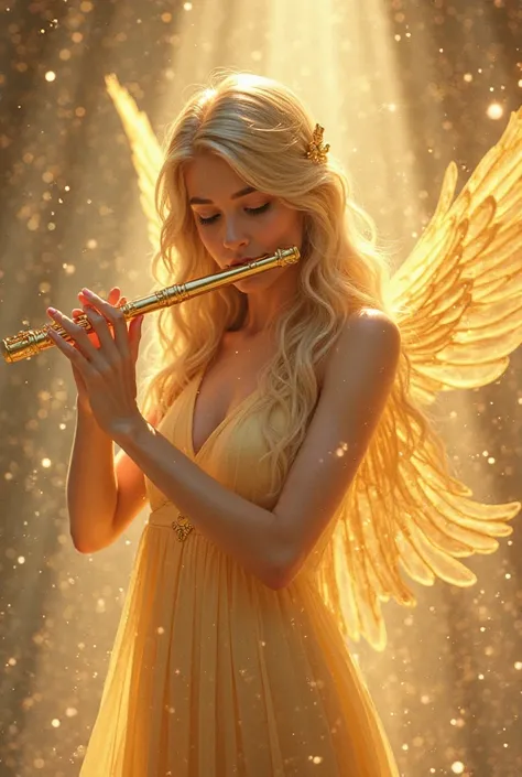 Angel girl with golden hair, dressed in golden, transparent light dress, playing a golden flute