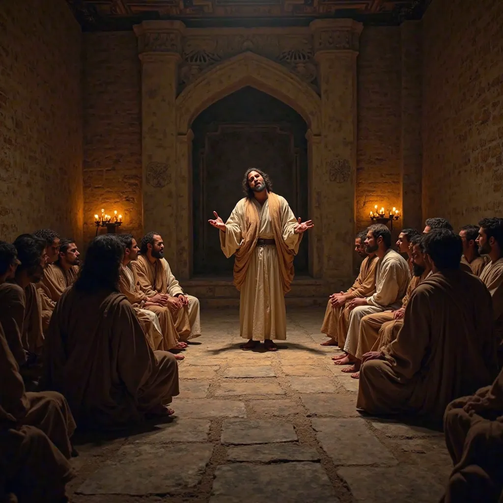 A gathering of 15 disciples in ancient biblical times, dressed in traditional robes, sitting in a semi-circle on a stone floor. Jesus, standing in the middle, teaches with passion, while the disciples engage in discussion. The setting is a dimly lit room w...