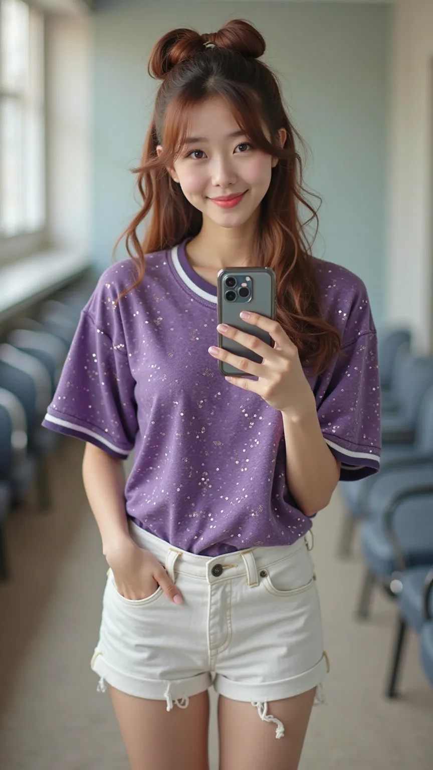 full body,20-year-old Japanese Woman Taking Selfies on iPhone,japanese,Korean style beauty,Young face,Small face,Transparency, pure white skin,gray eyes,cute,idol,Idol,portrait, model,French twist hair ,Sex,Shiny Mahogany Brown Hair,big breasts,Gloss,super...