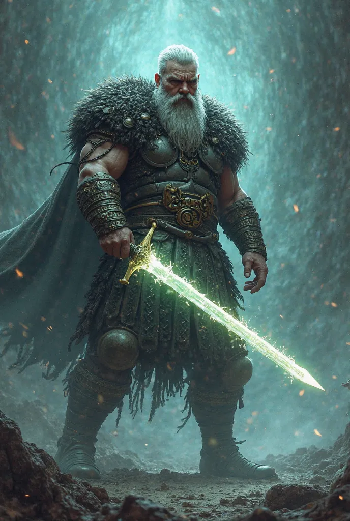 Viking warrior with sword shrouded in light in combat posture