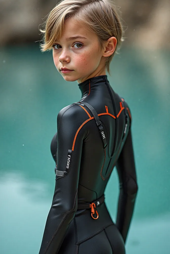 Attractive young age girl wearing a darkgrey ribbed mesh detailed diving suit. Very tall skinny girl in technical competition wetsuit. High quality detailed shiny grey sportsfabric suit. Detailed racingstripes pro cyclingsuit. She has very short darkblonde...