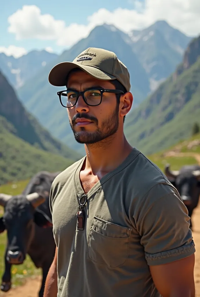 Andean young man from Bolivia with sports cap and black glasses with black bulls