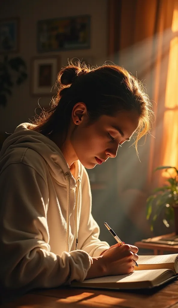 A shot of the person writing in a diary in a room with natural light filtering through the window, creating a warm environment ( orange and yellow tones ).
 Visual Details:
COLORS: Mixture of deep blue and touches of gold. lighting: Ray of warm light that ...