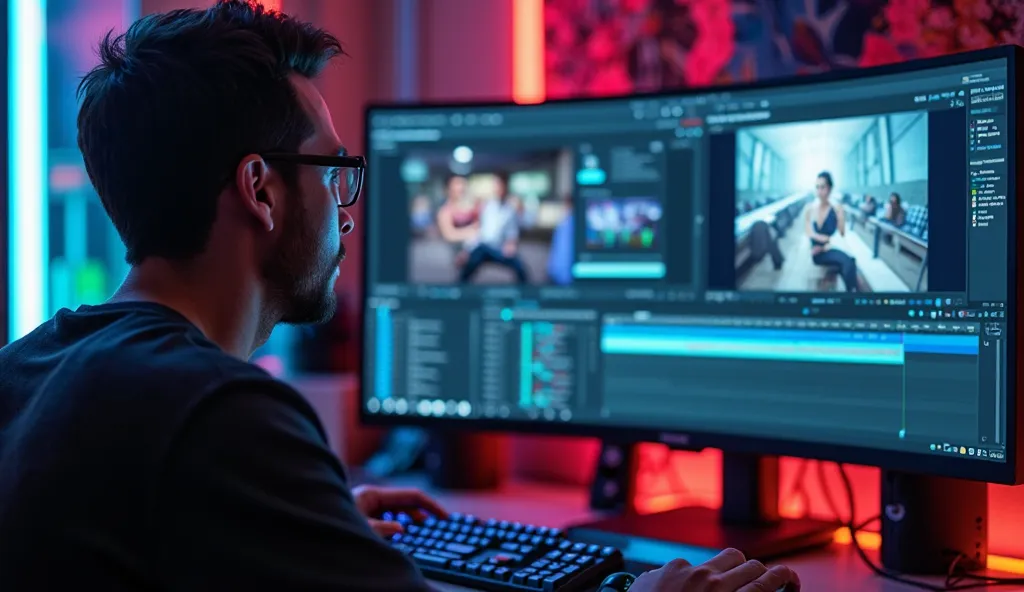 "A professional video editor working on a high-end computer, editing a Freelancer.com project. The screen displays a complex timeline with video clips and effects. The workspace has a modern setup with RGB lighting, dual monitors, a mechanical keyboard, an...