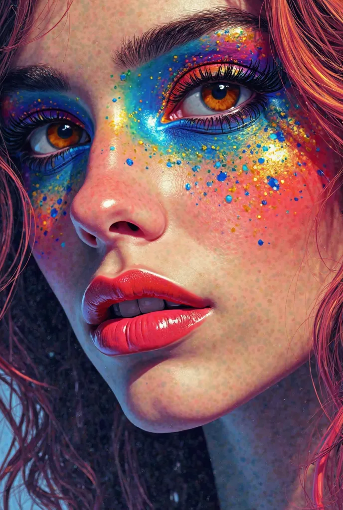 a close up of a woman with a colorful face and hair, a digital painting by Ignacio Zuloaga, tumblr, digital art, unrea 5, vibrant digital painting, in stunning digital paint, album art, line - art, art cover, lina, art digital painting, colorful digital pa...