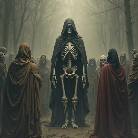 high quality, Create me an image that reflects the topic "Omnia mors aequat" , showing how death equals all people regardless of status or wealth. Imagine a skeletal figure of death that is surrounded by different people, represented in different dress sty...