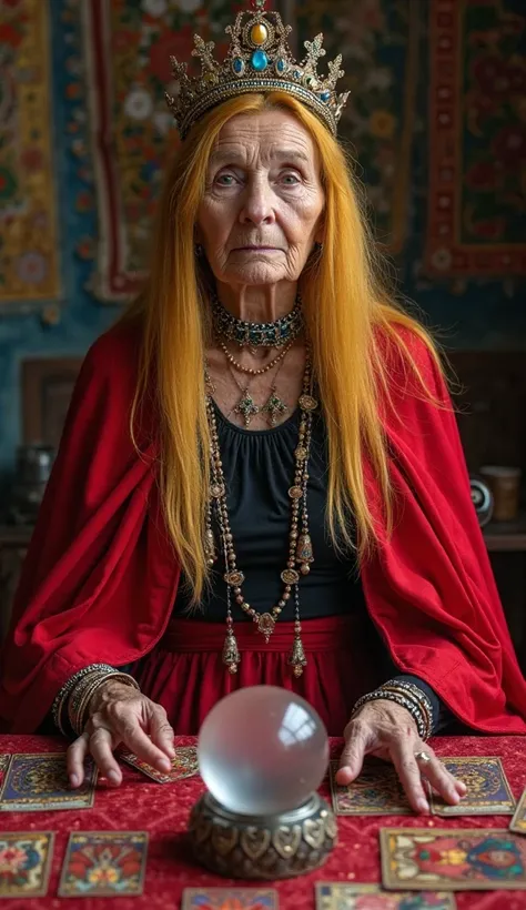 Create  high quality 4k HD  image of an 80 year old Umbanda queen in whait clothes, would be queen of seven skirts. She has long straight yellow blue hair, red eyes, red skirt red cape, black crew neck blouse.She has bracelets and a red choker. She has a c...